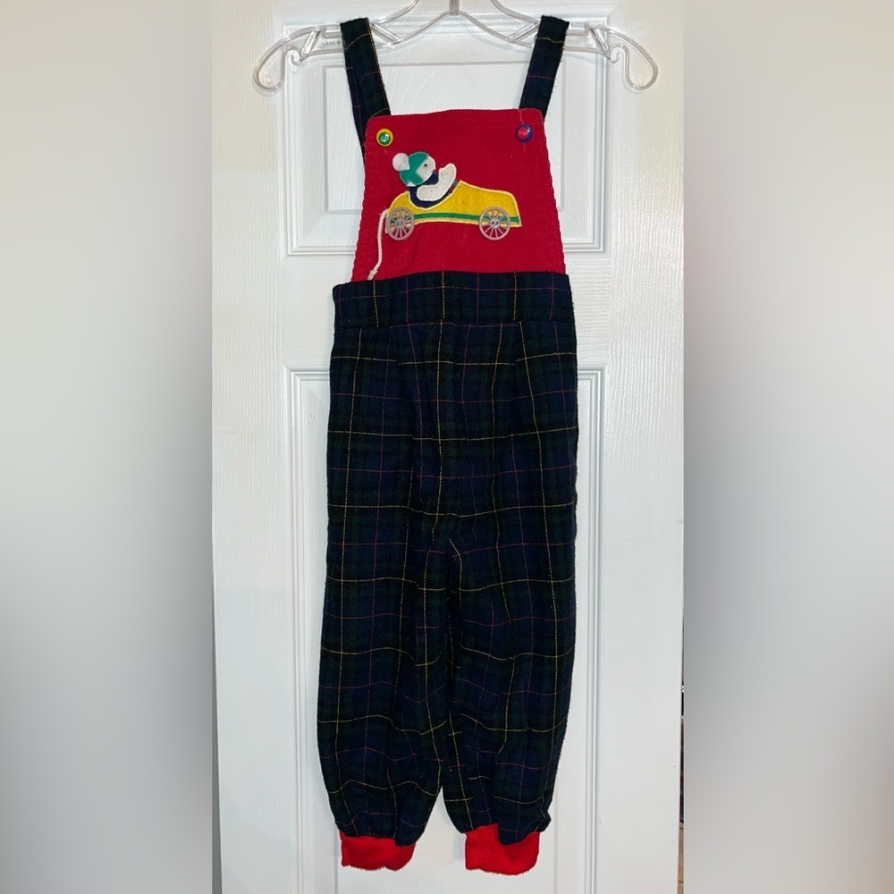 Vintage kids clothing clothes overall plaid mouse race car jumper romper 3T